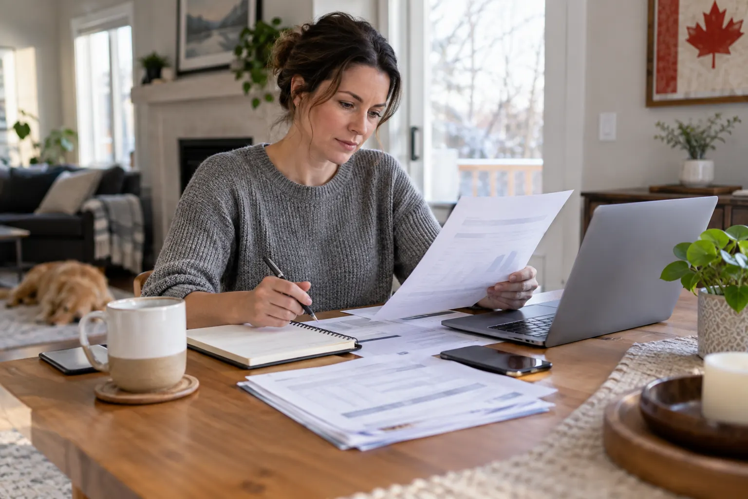 Person reviewing payment records beside a laptop and notebook