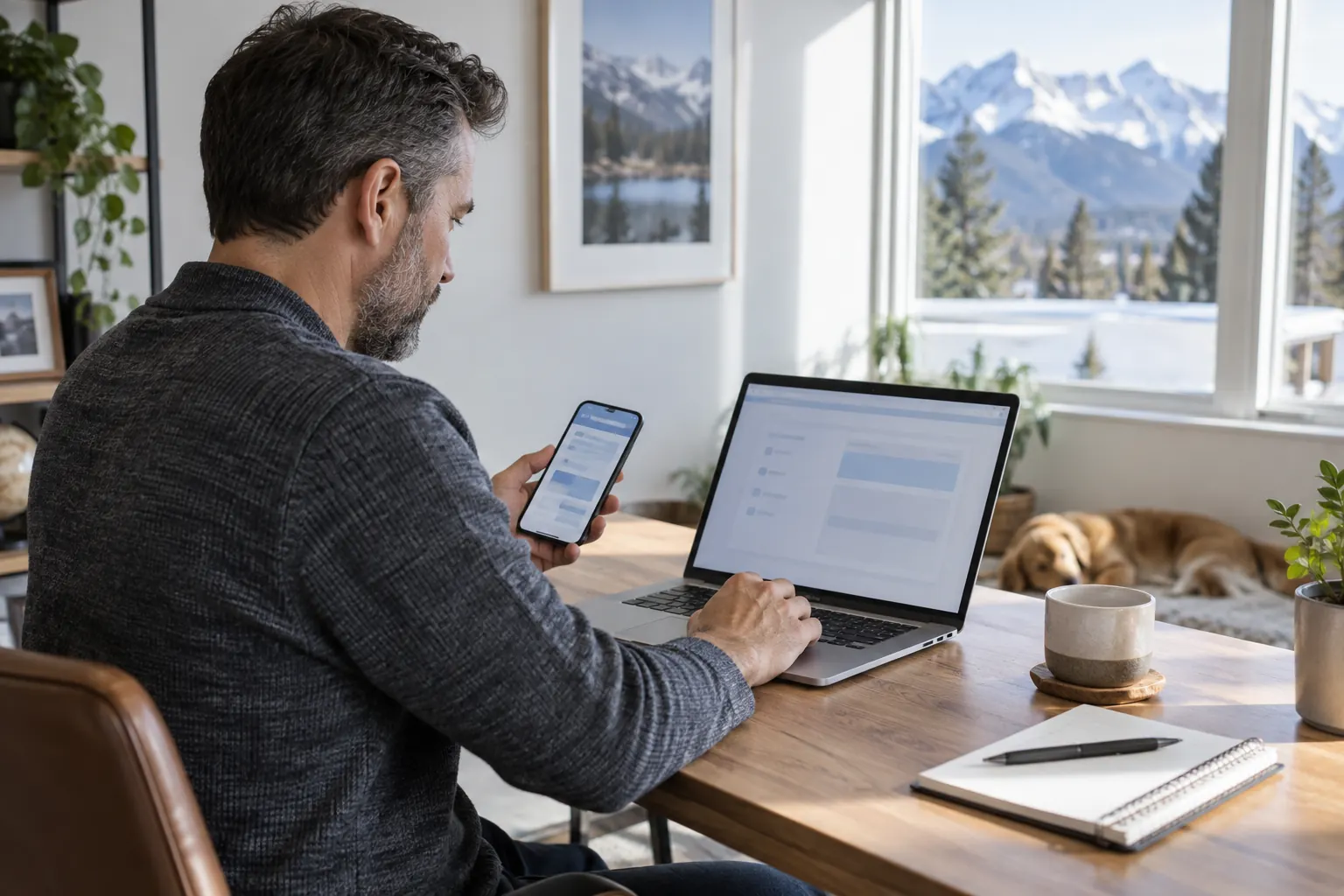 Person using a laptop and phone at a bright home workspace