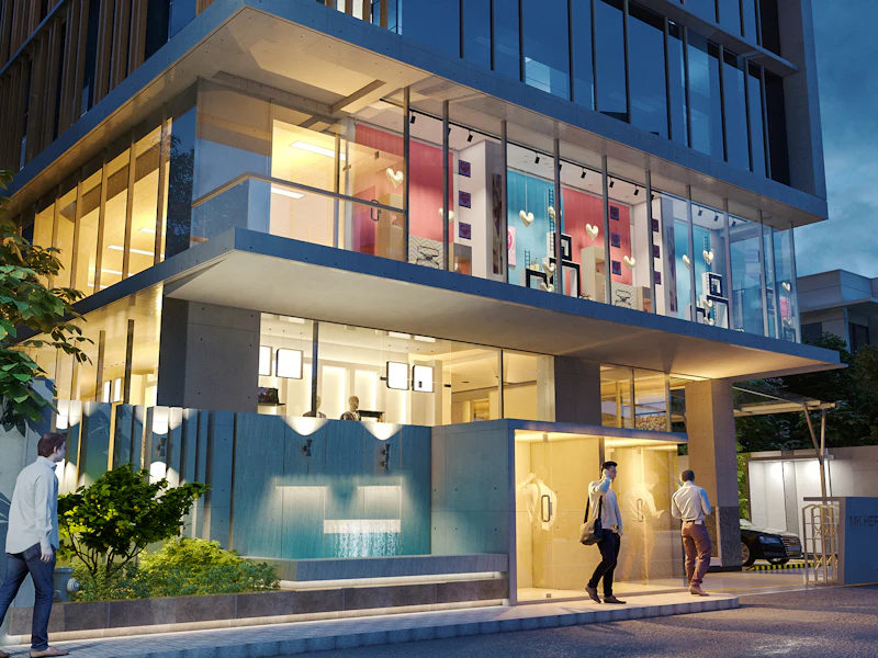 People entering a modern public building