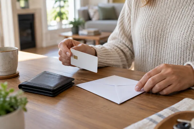 Hands holding a generic blank card beside a wallet
